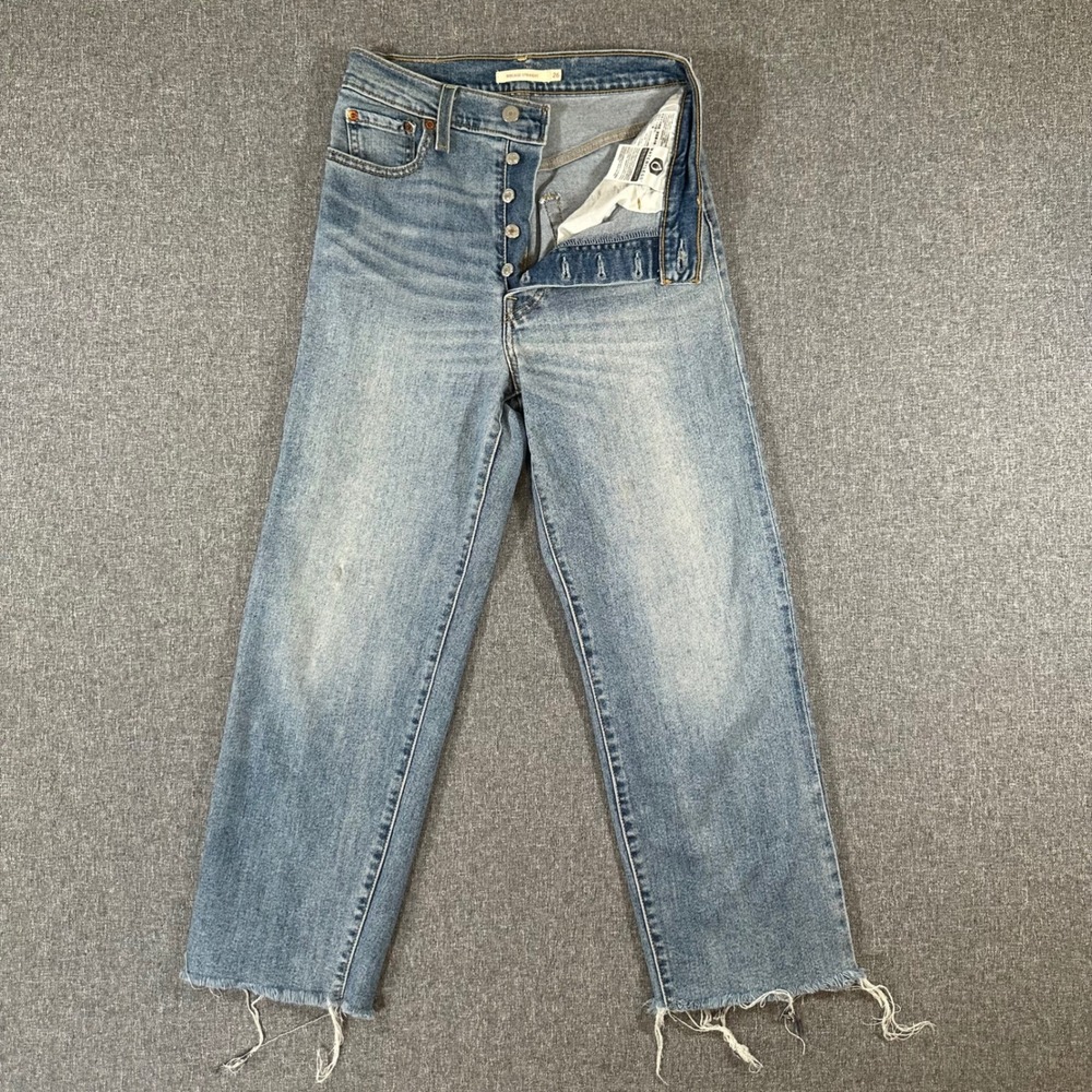 Levis Ribcage Straight Jeans Womens 26 Light Wash High Rise Raw Hem Denim Blue